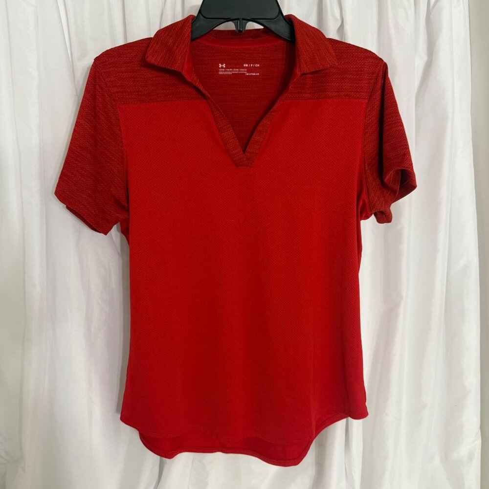 Under Armour Womens Red HeatGear Activewear Polo Shirt S Golf Pickleball Tennis